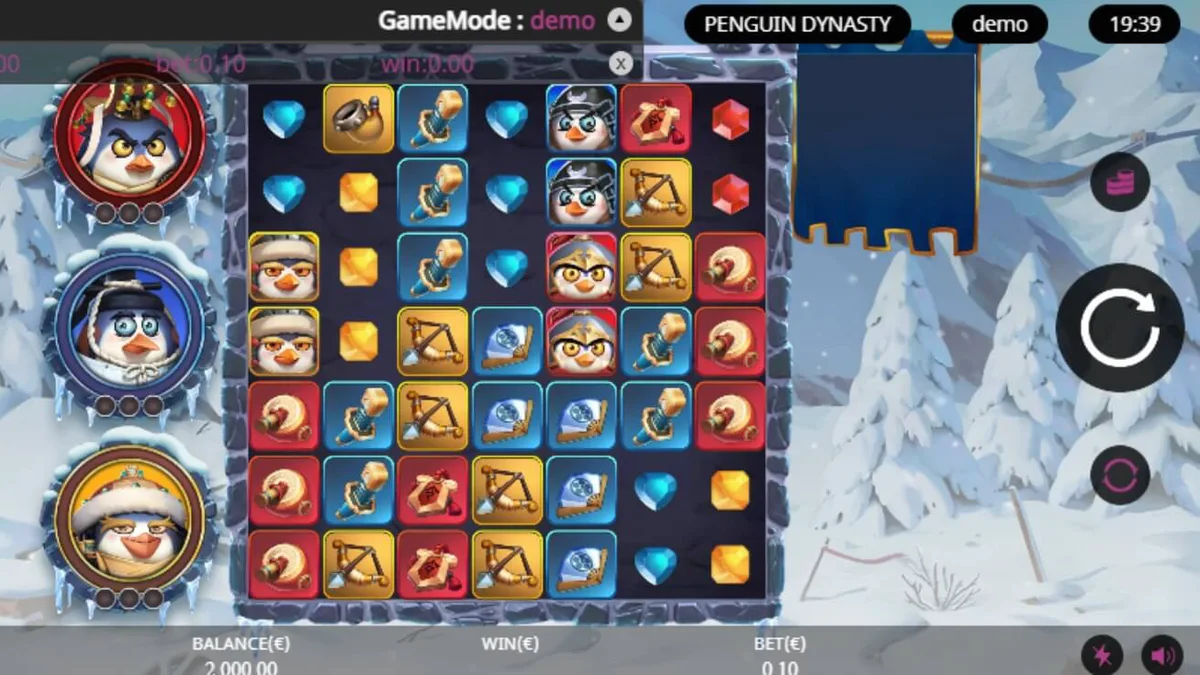 Interface do slot Penguin Dynasty com tema de guerreiros pinguins