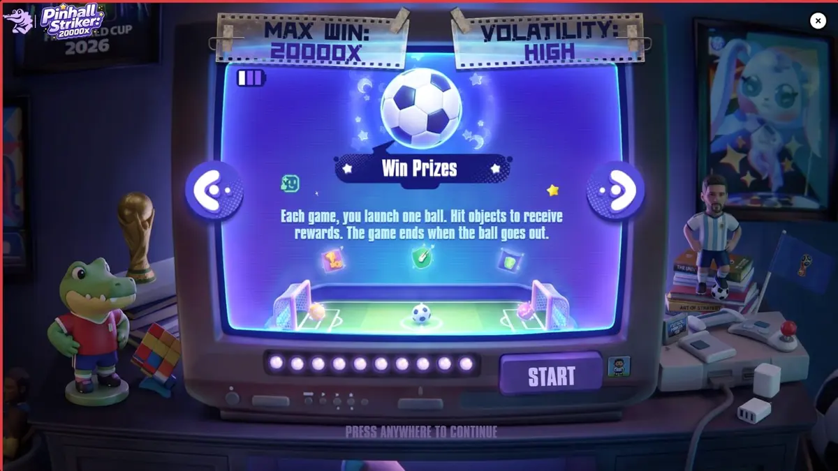 Visual vibrante e neon do jogo Pinball Striker 20,000x com elementos de futebol e fliperama.