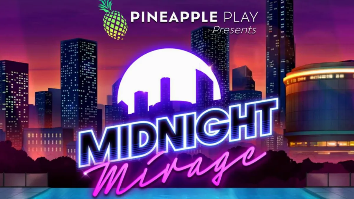 Interface do jogo Midnight Mirage com estética neon e rolos dinâmicos