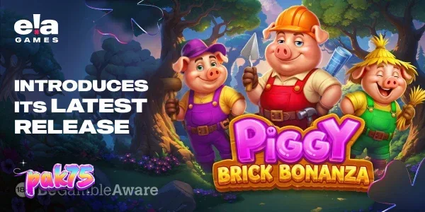 Interface do jogo Piggy Brick Bonanza com rolos e elementos de construção
